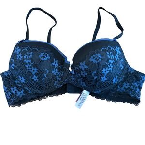 Adore Me Black Blue Floral Lace Demi Underwire Bra 36B BR-08001-DEM